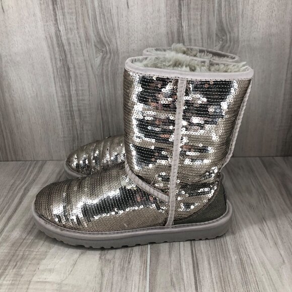 UGG Boots Women's 6 Silver Sequin Shearling Lined Winter Slip On - Picture 4 of 11